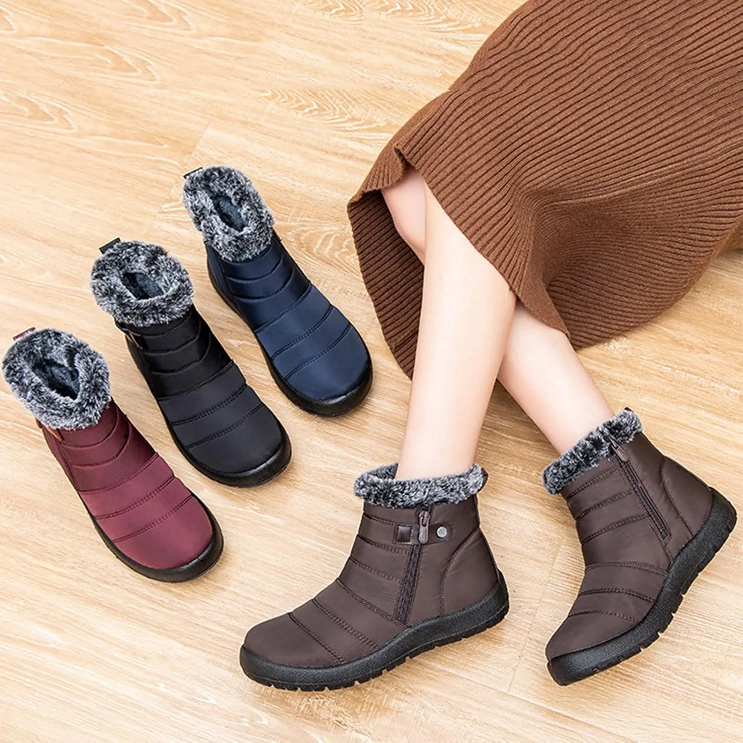 Winter Boots for Women Warm Fur Lined Boots Waterproof Anti Slip Outdoor Boot Zipper Fashion Womens Flat Booties
