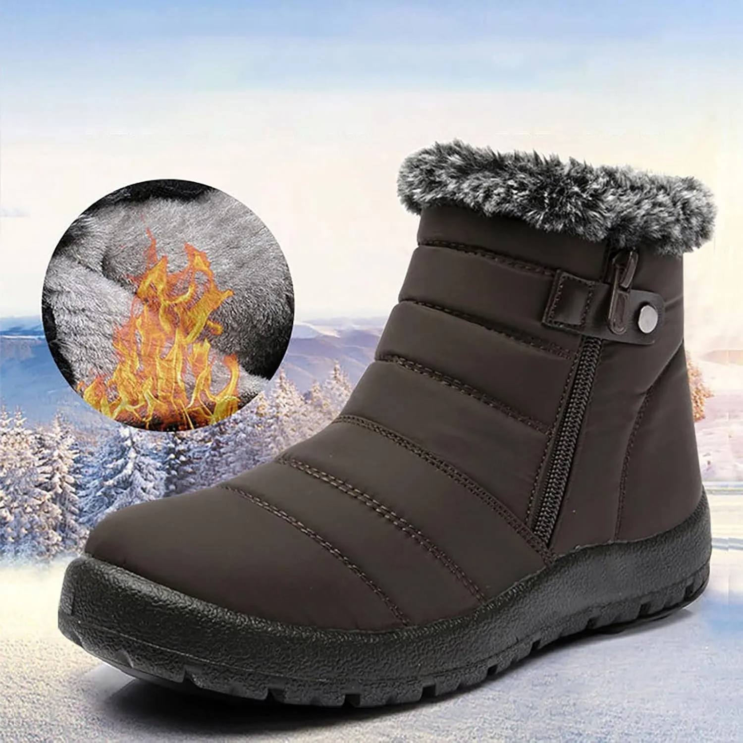 Winter Boots for Women Warm Fur Lined Boots Waterproof Anti Slip Outdoor Boot Zipper Fashion Womens Flat Booties