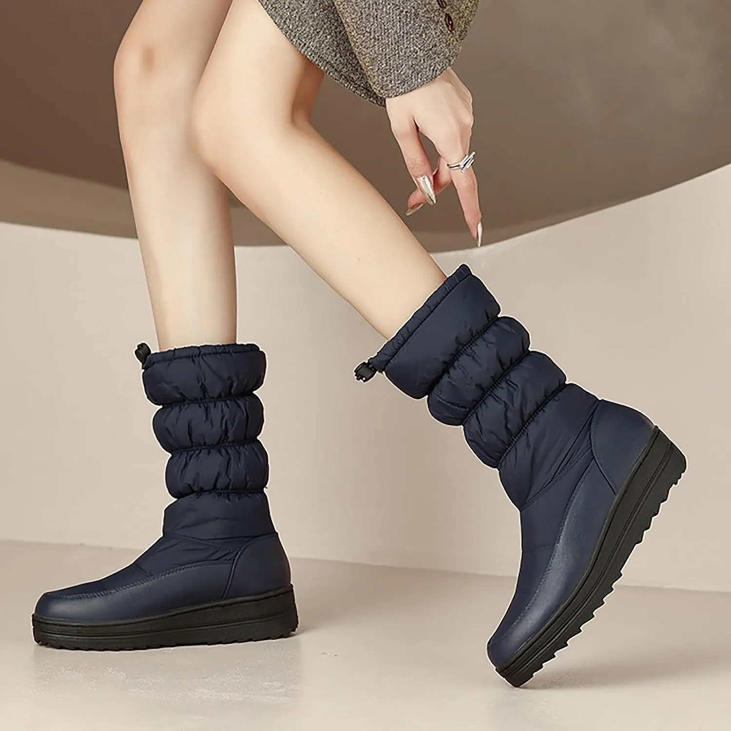 Winter Boots for Women Warm Fur Lined Mid Calf Winter Booties Puffy Waterproof Slip On Lightweight Womens Boots