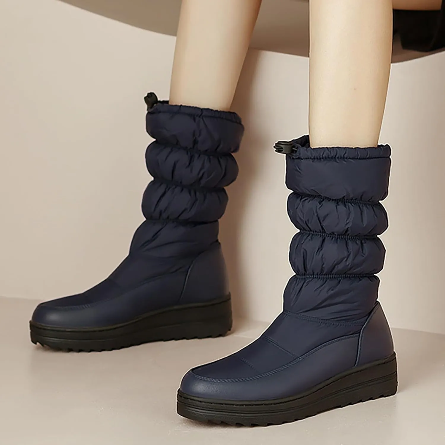 Winter Boots for Women Warm Fur Lined Mid Calf Winter Booties Puffy Waterproof Slip On Lightweight Womens Boots