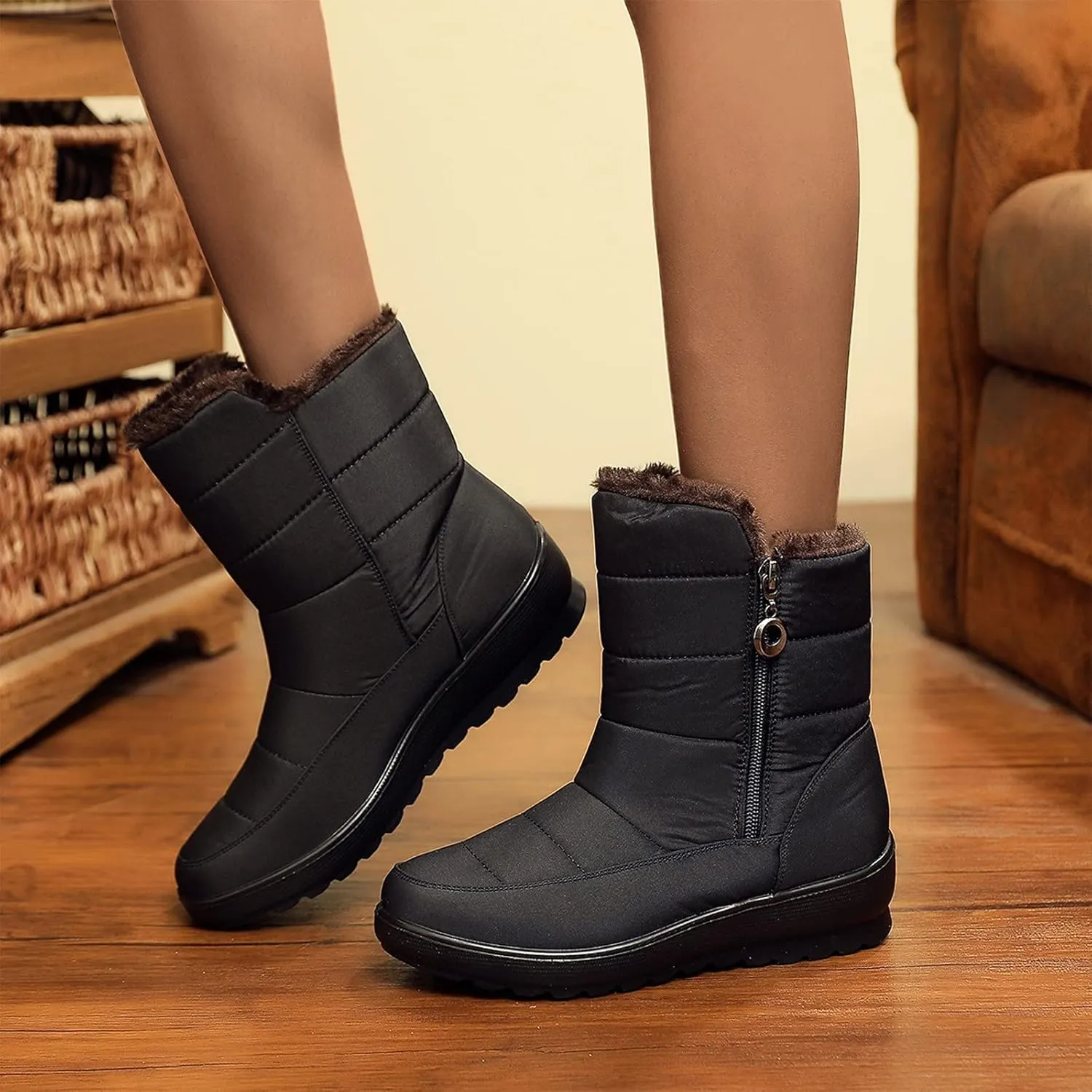 Winter Boots for Women Warm Fuzzy Fur Lined Ankle Boots Women Anti Slip Waterproof Side Zip Comfy Outdoor Boots