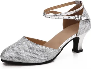 Women Latin Dance Shoes Ankle Strap Heels for Ballroom Tango Salsa Closed Toe Cross Strap Rubber Sole