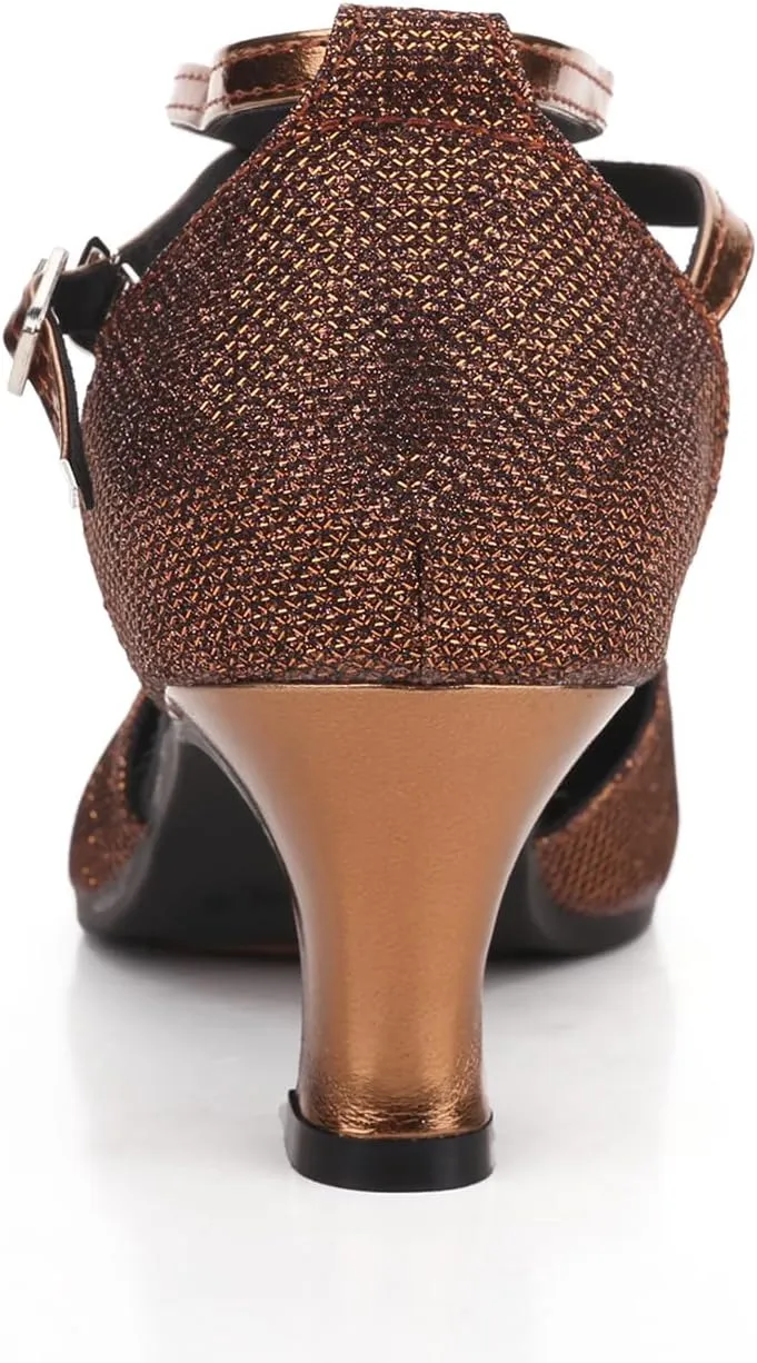 Women Latin Dance Shoes Ankle Strap Heels for Ballroom Tango Salsa Closed Toe Cross Strap Rubber Sole