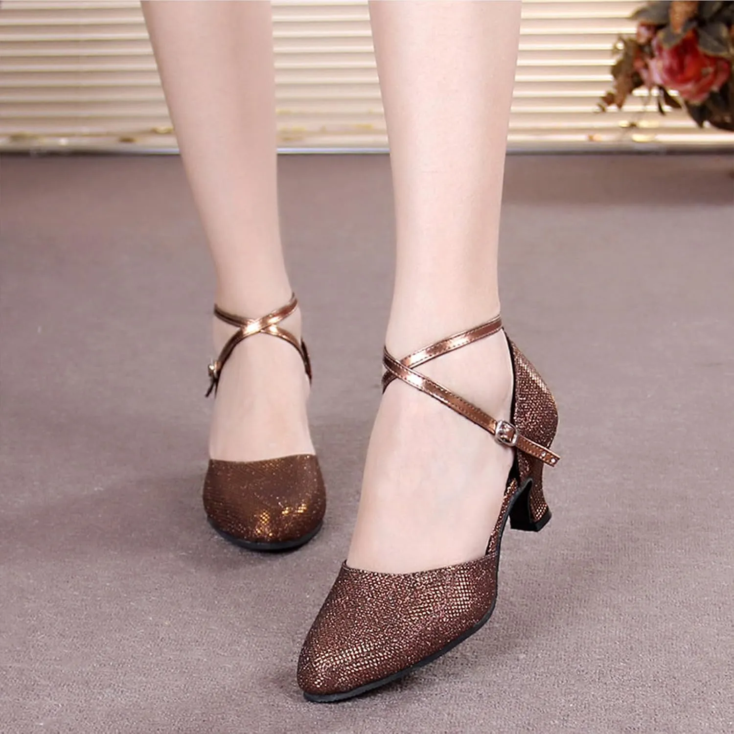 Women Latin Dance Shoes Ankle Strap Heels for Ballroom Tango Salsa Closed Toe Cross Strap Rubber Sole