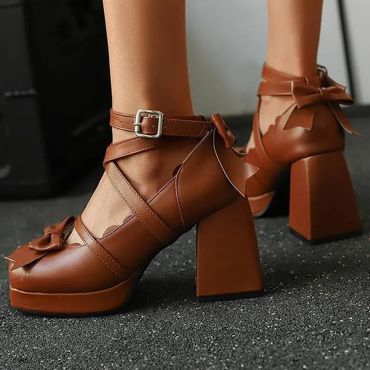 Women Lolita Bow Ankle Strap Platform Pumps Square Toe Block Heels