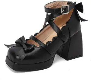 Women Lolita Bow Ankle Strap Platform Pumps Square Toe Block Heels