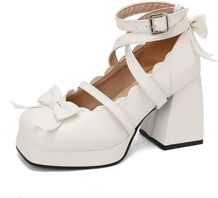 Women Lolita Bow Ankle Strap Platform Pumps Square Toe Block Heels