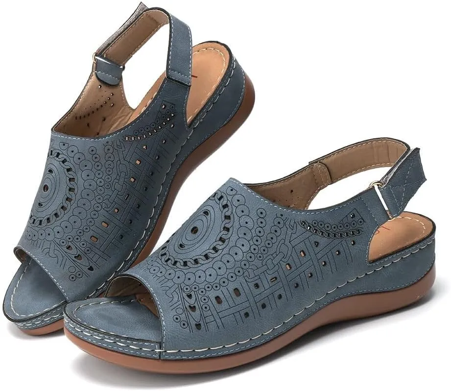 Women Wedge Sandals Comfortable Orthopedic Non Slip Sandals Ladies Vintage Hollow Out Yoga Mat Shoes Fashion Adjustable Ankle Strap Metal Buckle Beach Shoe