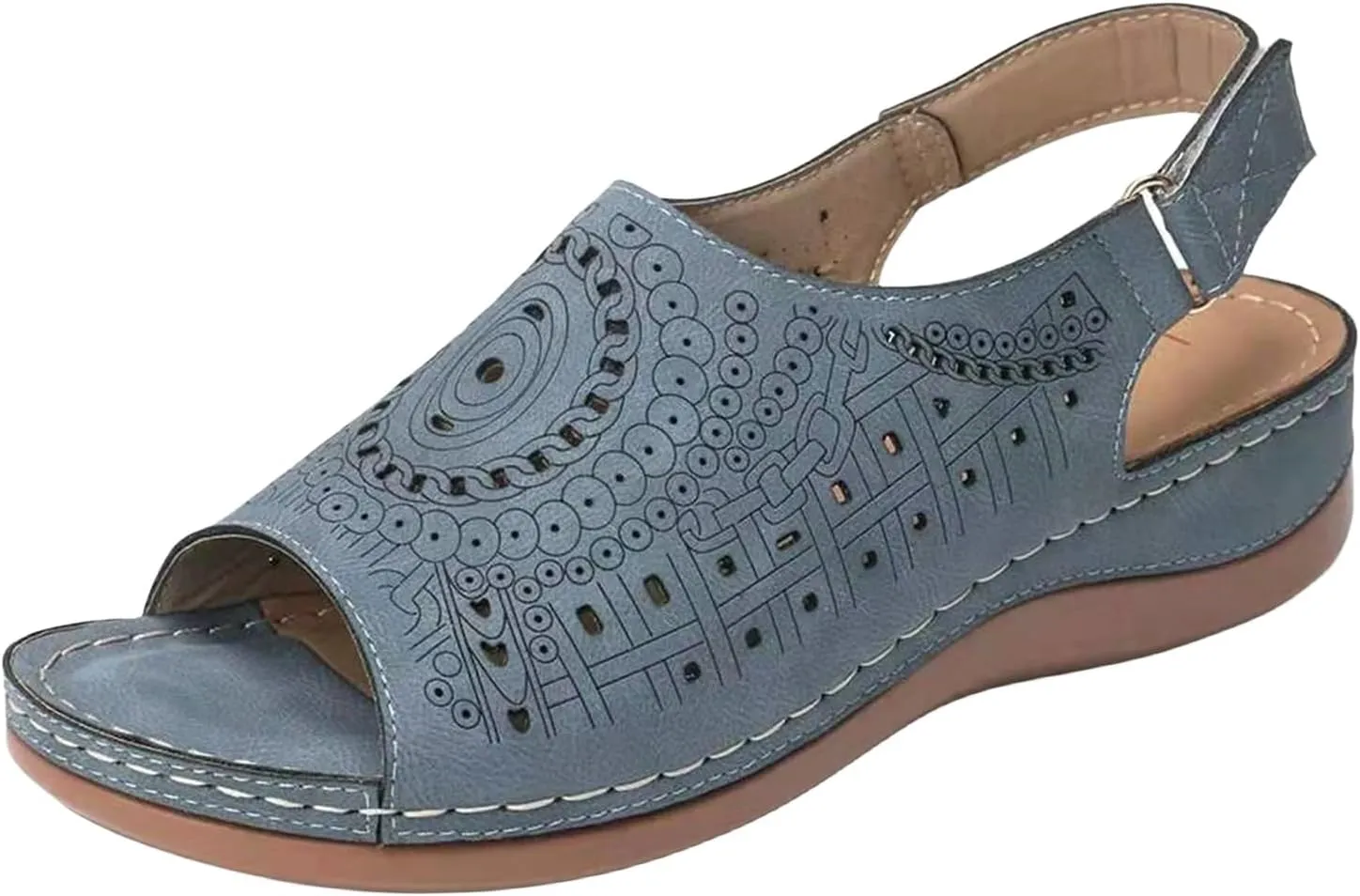Women Wedge Sandals Comfortable Orthopedic Non Slip Sandals Ladies Vintage Hollow Out Yoga Mat Shoes Fashion Adjustable Ankle Strap Metal Buckle Beach Shoe