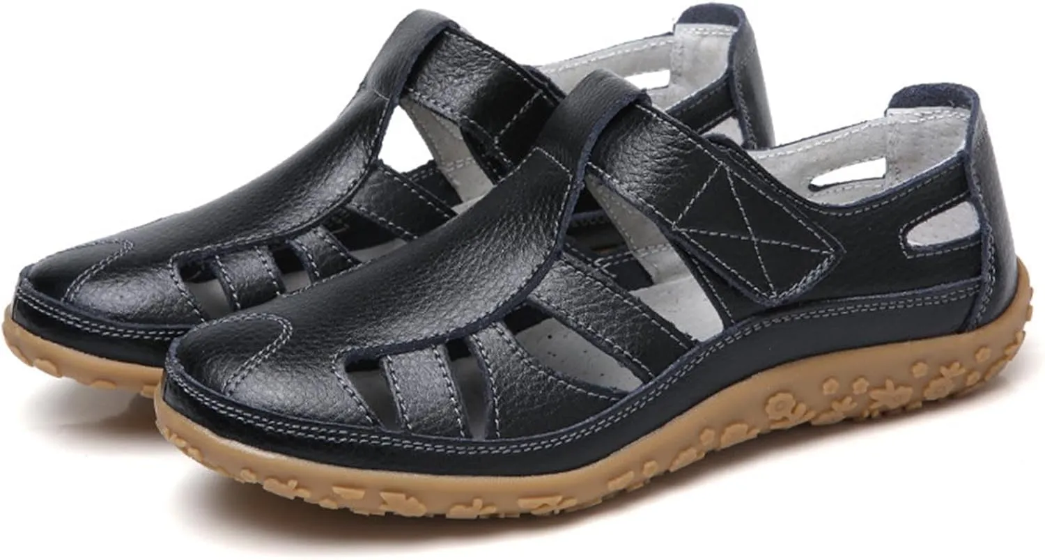 Women's Casual Boho Gladiator Sandals, Summer Leather Comfort Closed Toe Ankle Strap Beach Shoes, Soft Sole Orthopedic Sandals, Casual Breathable Outdoor Walking Shoes