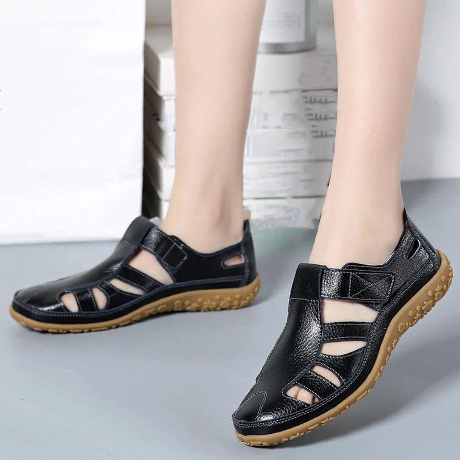 Women's Casual Boho Gladiator Sandals, Summer Leather Comfort Closed Toe Ankle Strap Beach Shoes, Soft Sole Orthopedic Sandals, Casual Breathable Outdoor Walking Shoes