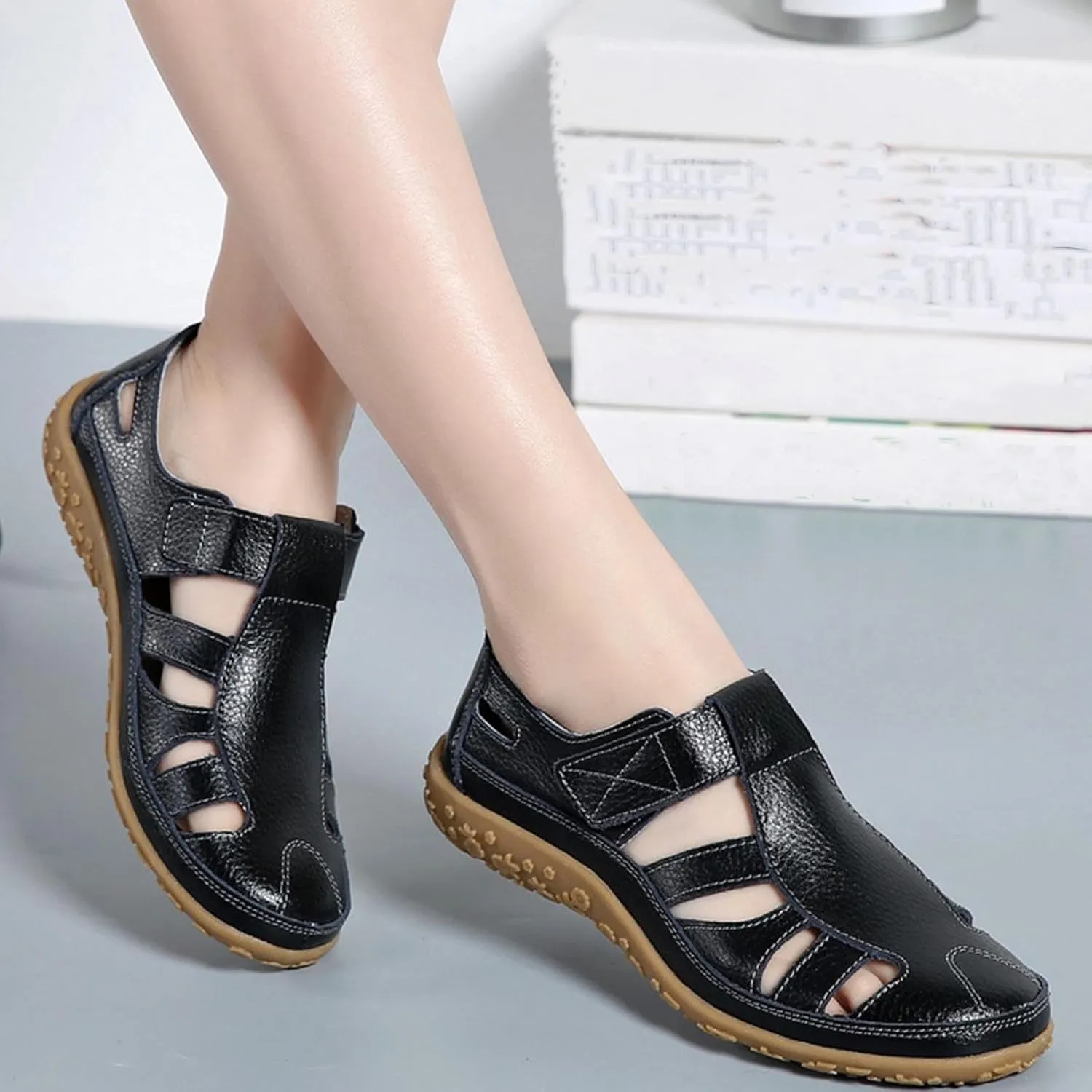 Women's Casual Boho Gladiator Sandals, Summer Leather Comfort Closed Toe Ankle Strap Beach Shoes, Soft Sole Orthopedic Sandals, Casual Breathable Outdoor Walking Shoes