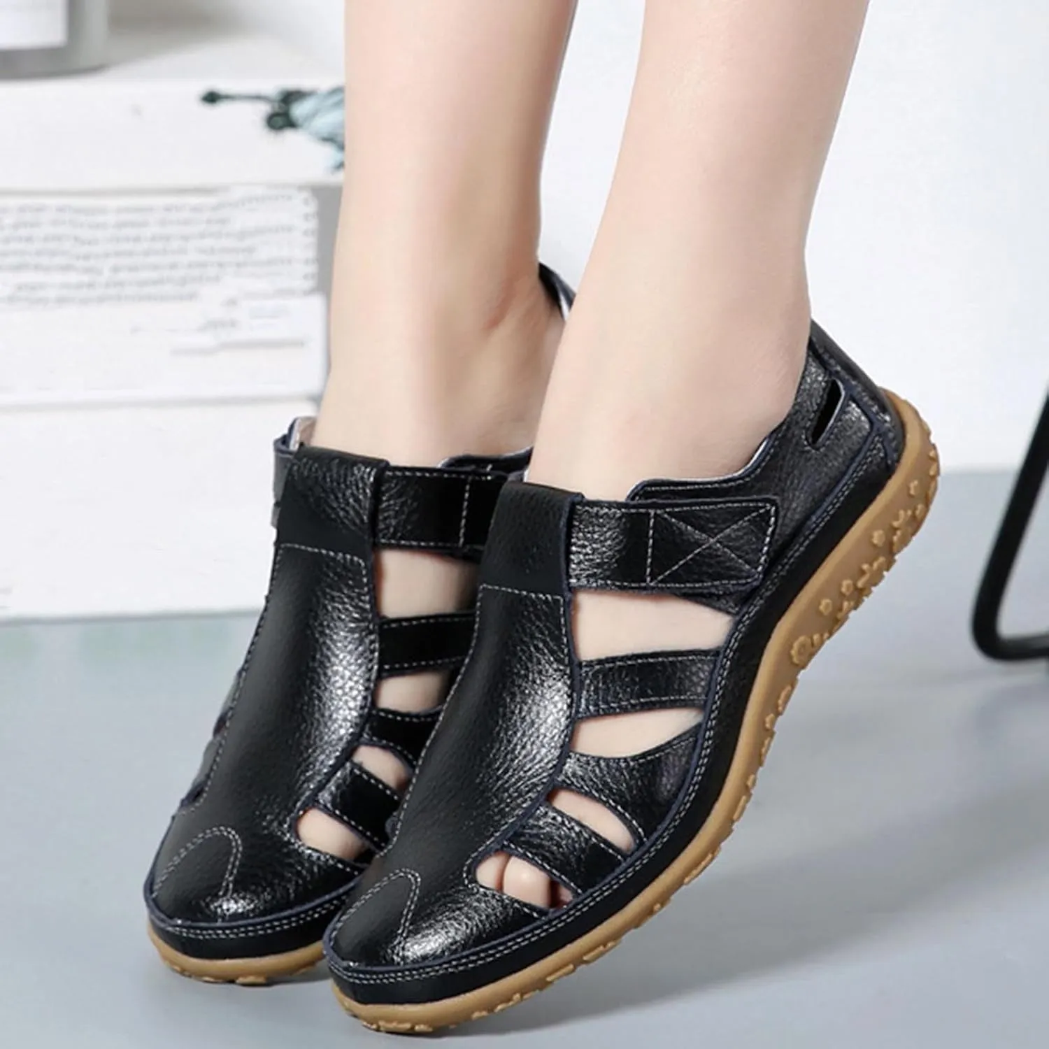 Women's Casual Boho Gladiator Sandals, Summer Leather Comfort Closed Toe Ankle Strap Beach Shoes, Soft Sole Orthopedic Sandals, Casual Breathable Outdoor Walking Shoes