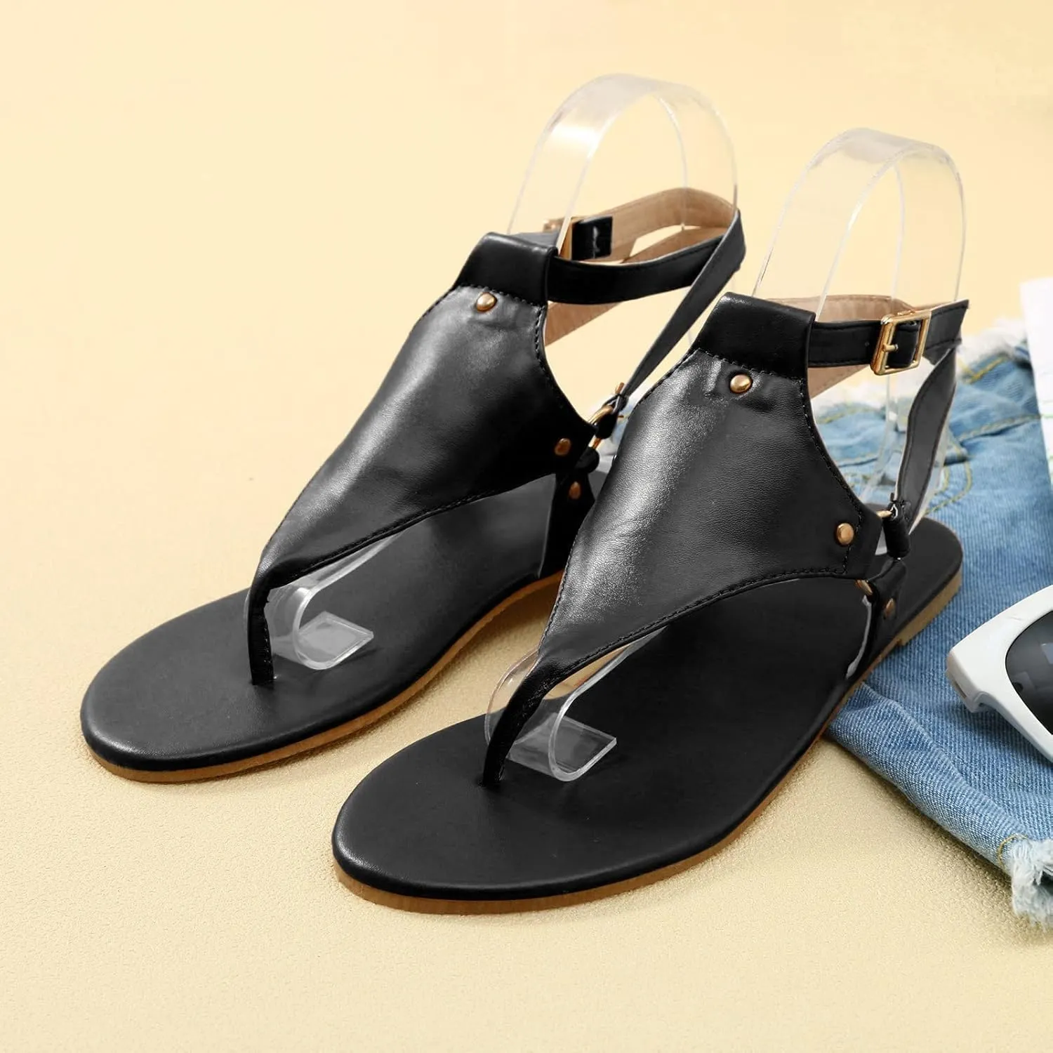 Women's Flat Sandals Arch Support Buckle Ankle Strap T-Strap Gladiator Thong Sandals Summer Soft Cushion Flatform Beach Walking Shoe