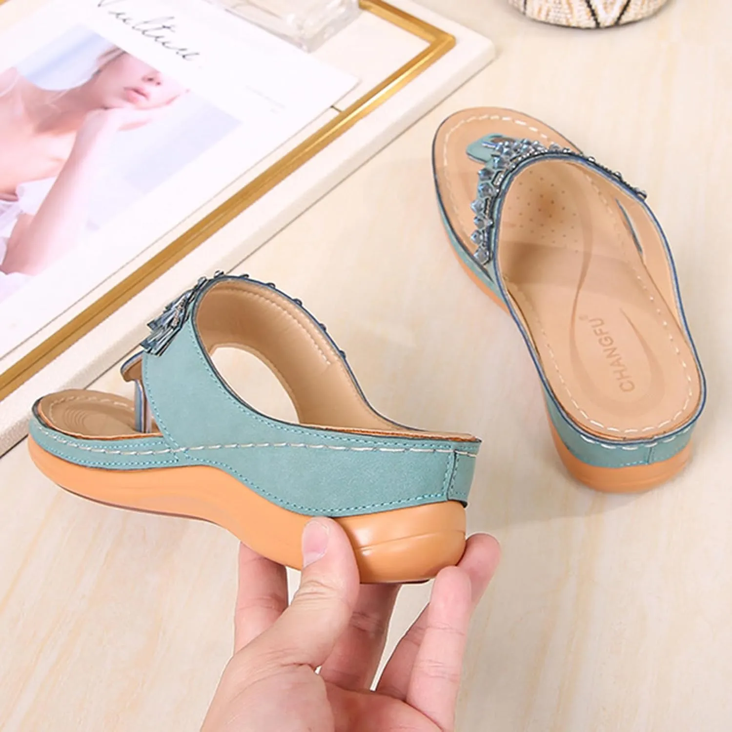 Womens Flip Flops Comfortable Orthopedic Non Slip Wedge Sandals Casual Summer Beach Shoes Ladies Sparkling Rhinestone Bling Vacation Dress Shoes for Summer and Daily Wear