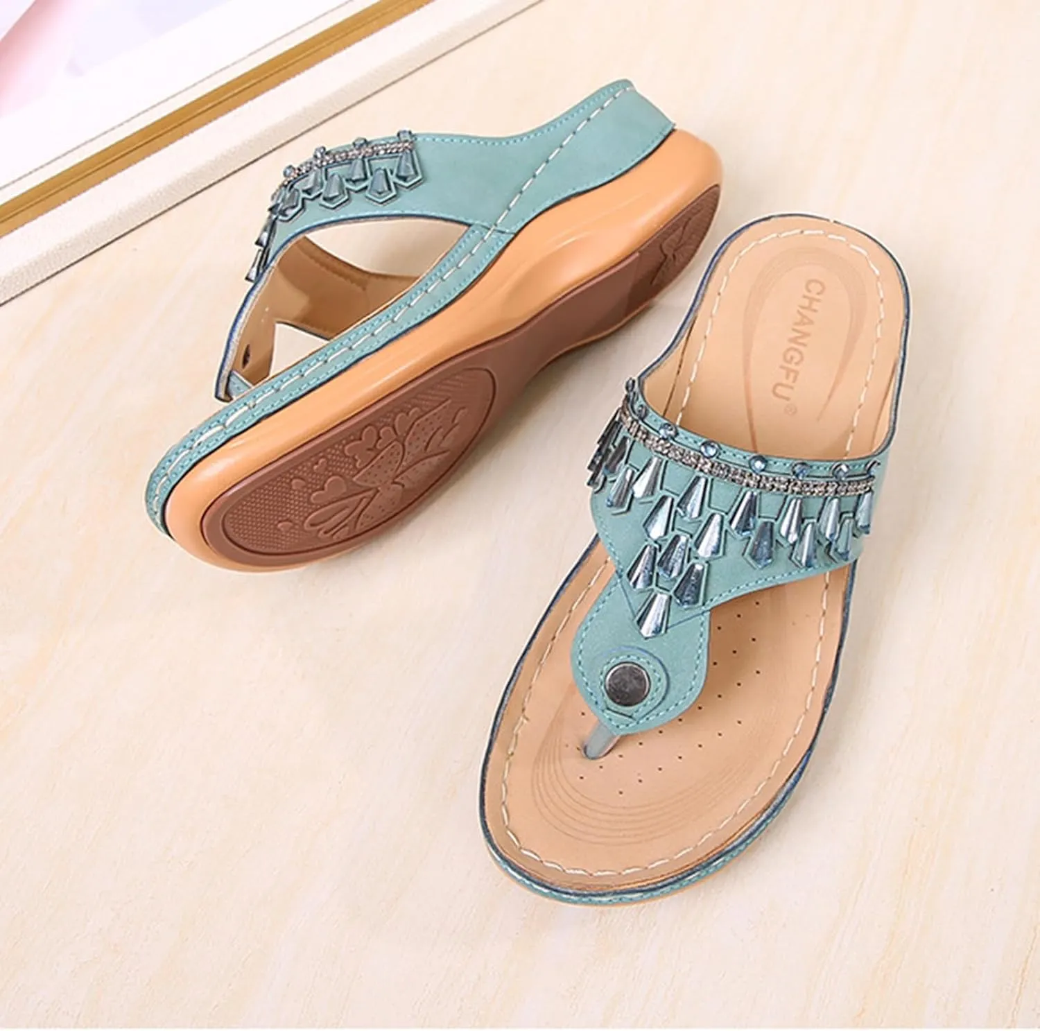 Womens Flip Flops Comfortable Orthopedic Non Slip Wedge Sandals Casual Summer Beach Shoes Ladies Sparkling Rhinestone Bling Vacation Dress Shoes for Summer and Daily Wear