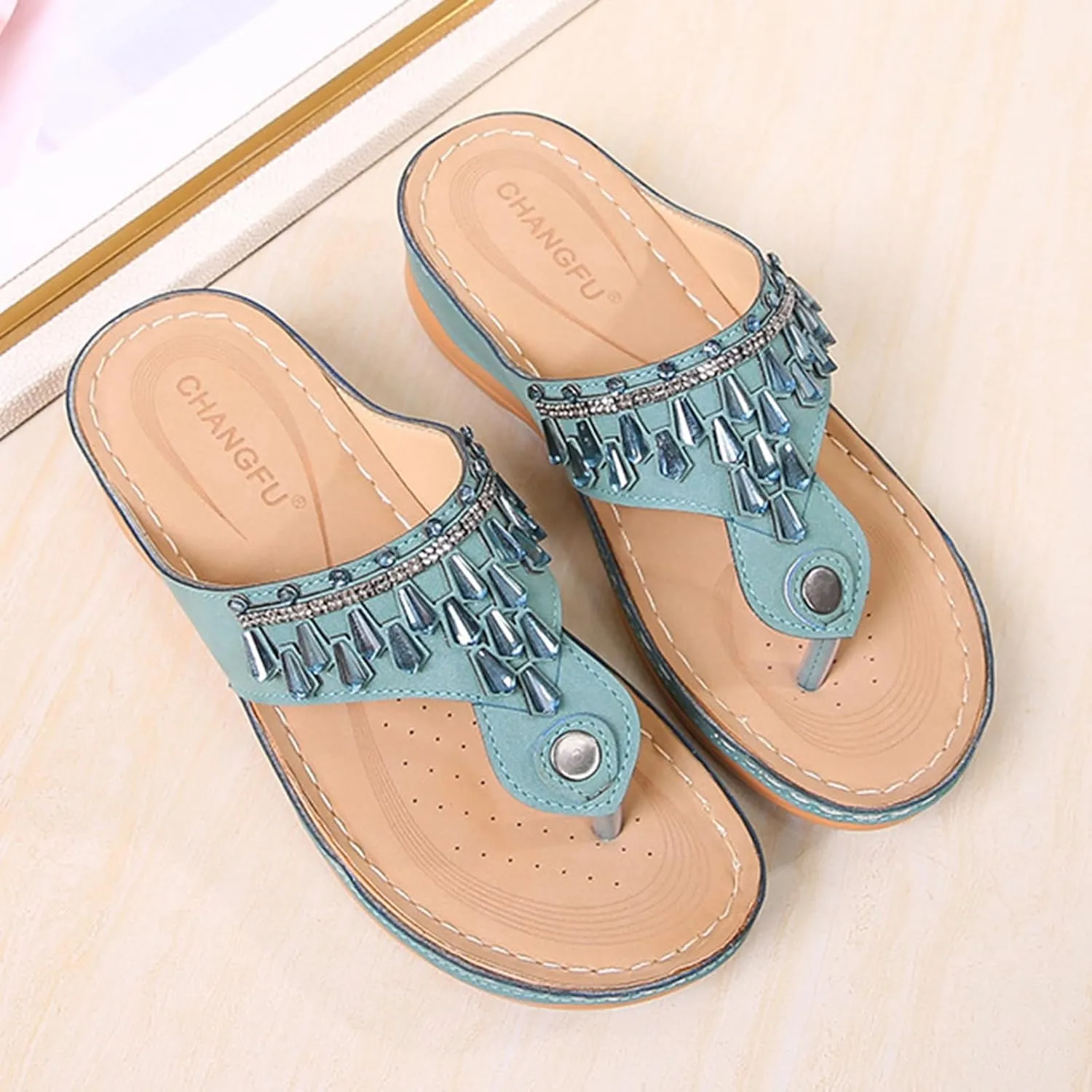 Womens Flip Flops Comfortable Orthopedic Non Slip Wedge Sandals Casual Summer Beach Shoes Ladies Sparkling Rhinestone Bling Vacation Dress Shoes for Summer and Daily Wear