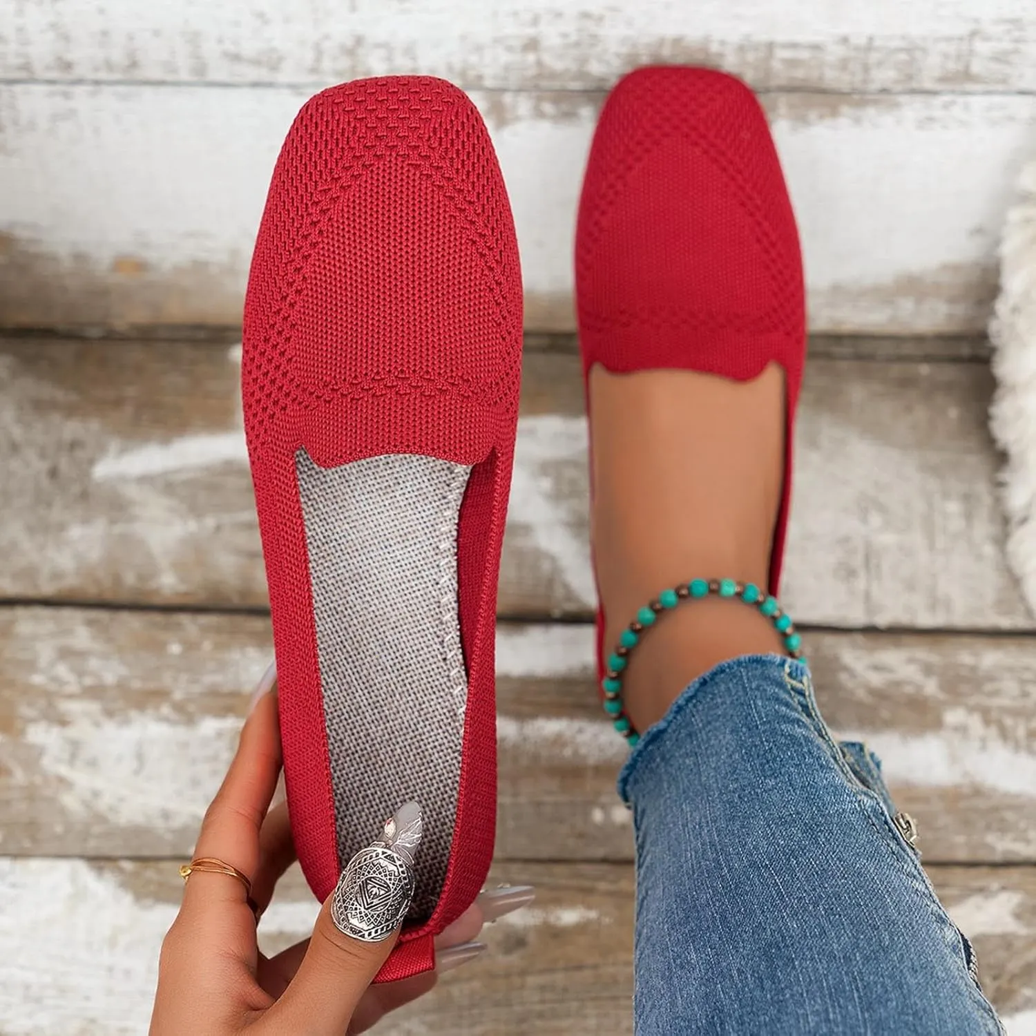 Women's Fly Weave Flat Shoes Large Size Square Toe Flat Shoes Casual Comfortable One Foot Stirrups Work Single Shoes