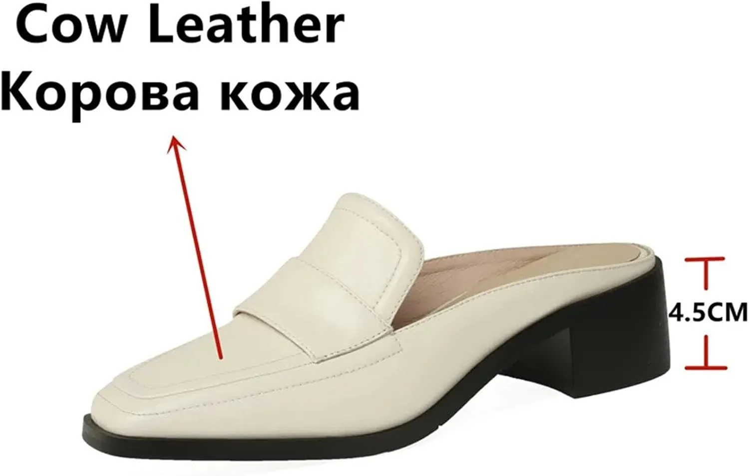 Women's Genuine Leather Mule Sandals - Square Toe Thick Heels, Spring Summer Office Casual