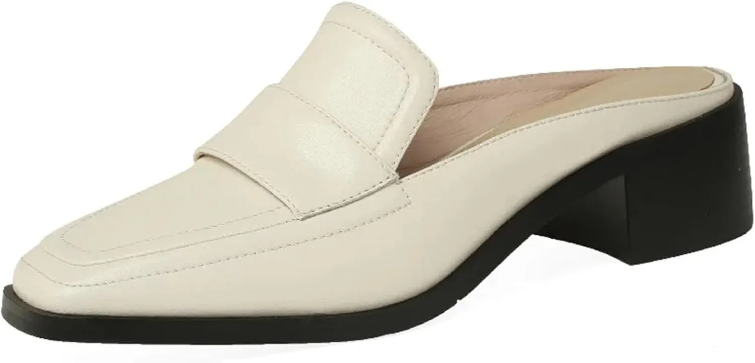 Women's Genuine Leather Mule Sandals - Square Toe Thick Heels, Spring Summer Office Casual