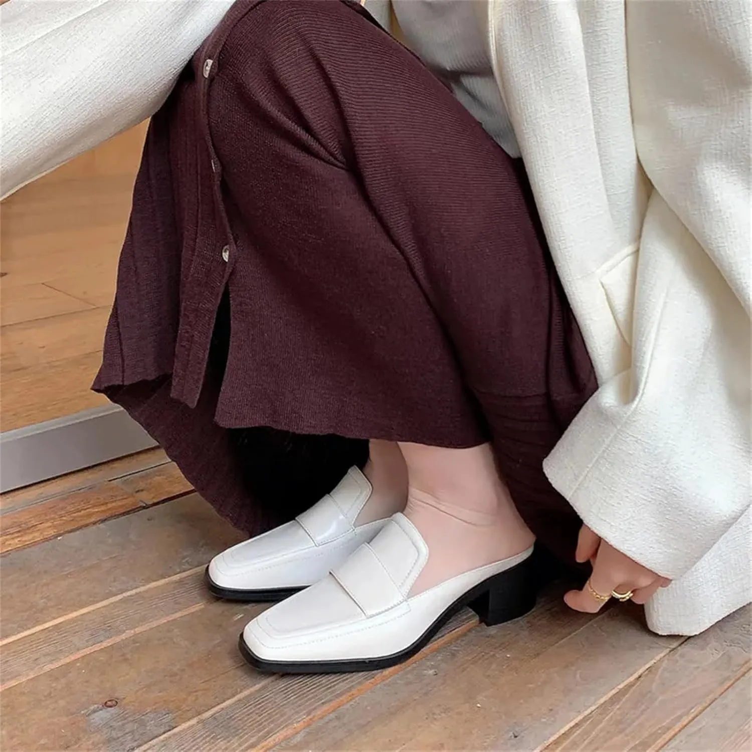 Women's Genuine Leather Mule Sandals - Square Toe Thick Heels, Spring Summer Office Casual