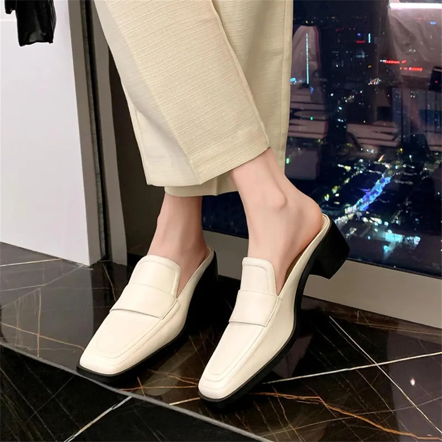 Women's Genuine Leather Mule Sandals - Square Toe Thick Heels, Spring Summer Office Casual