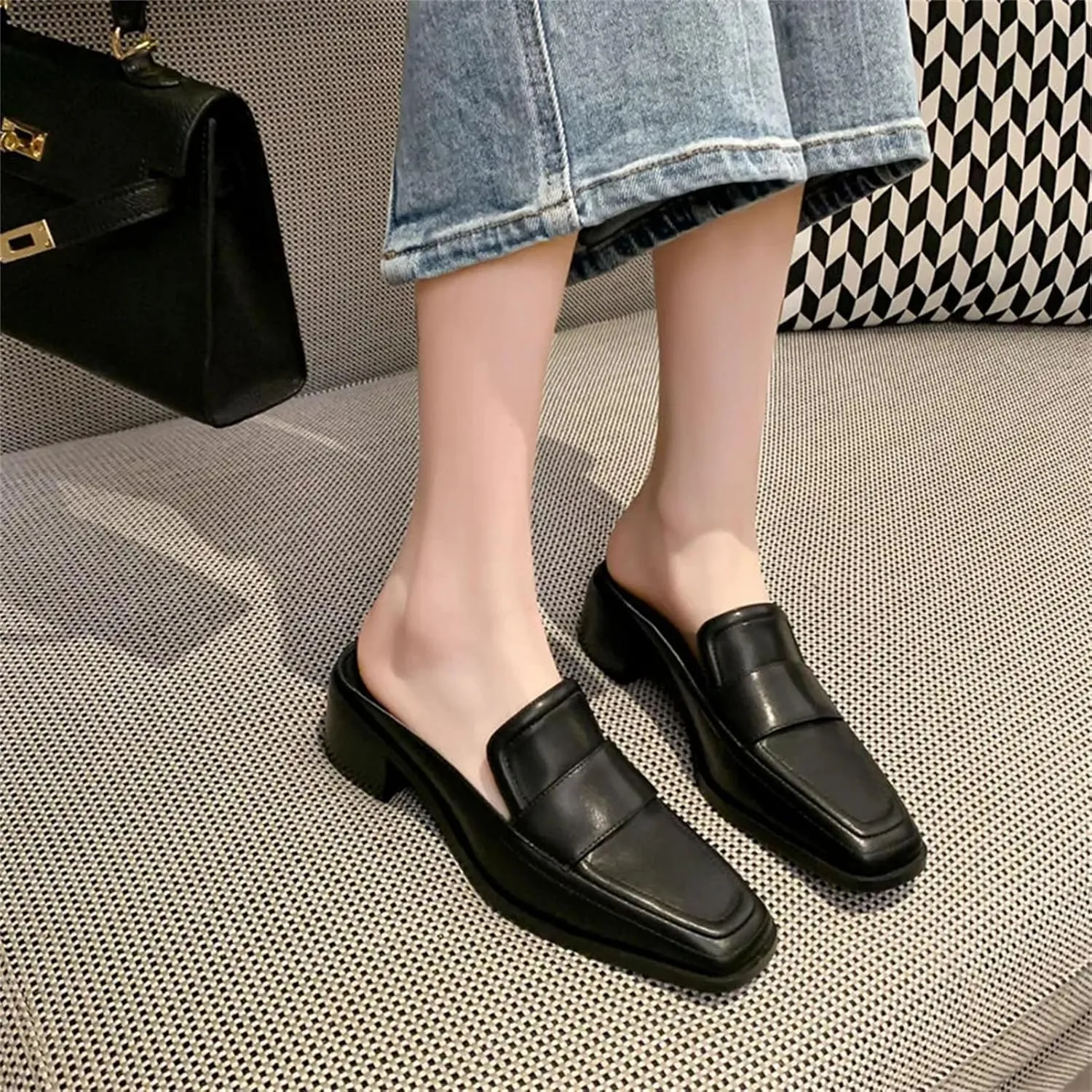 Women's Genuine Leather Mule Sandals - Square Toe Thick Heels, Spring Summer Office Casual