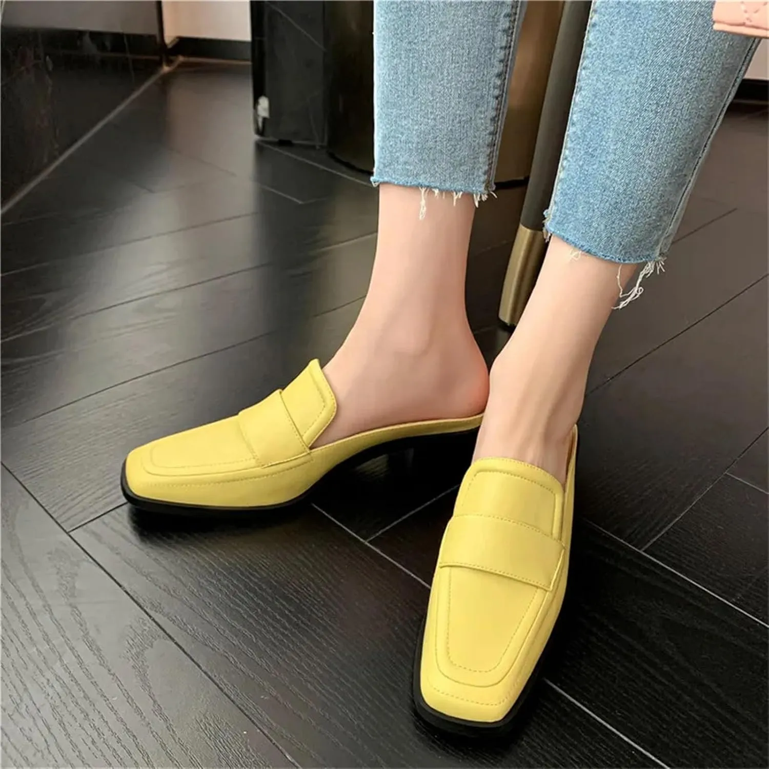 Women's Genuine Leather Mule Sandals - Square Toe Thick Heels, Spring Summer Office Casual