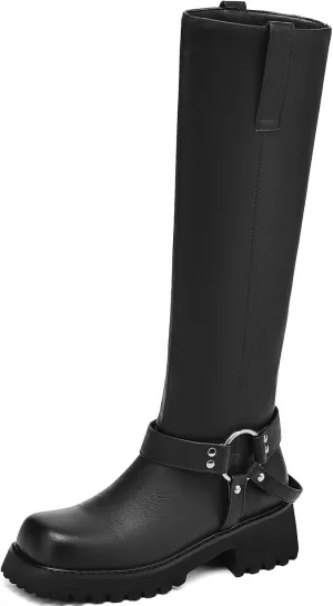 Women's Knee High Boots Square Toe Low Chunky Motorcycle Boots Fashion Buckles Biker Riding Boots ?