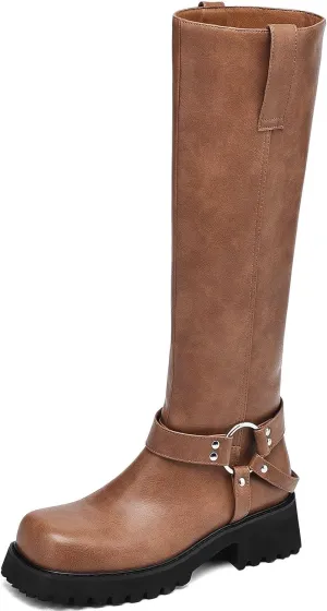 Women's Knee High Boots Square Toe Low Chunky Motorcycle Boots Fashion Buckles Biker Riding Boots ?