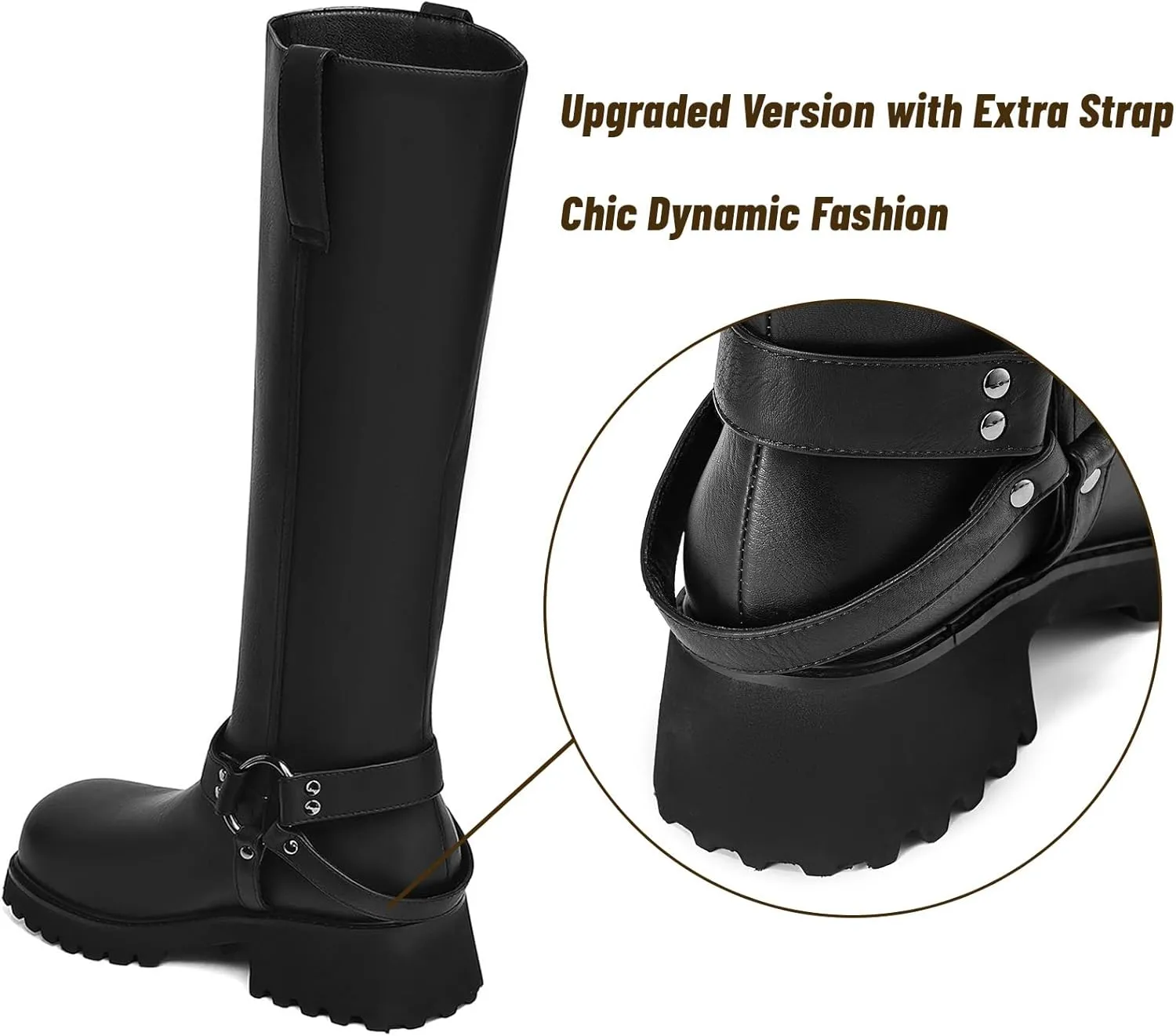 Women's Knee High Boots Square Toe Low Chunky Motorcycle Boots Fashion Buckles Biker Riding Boots ?