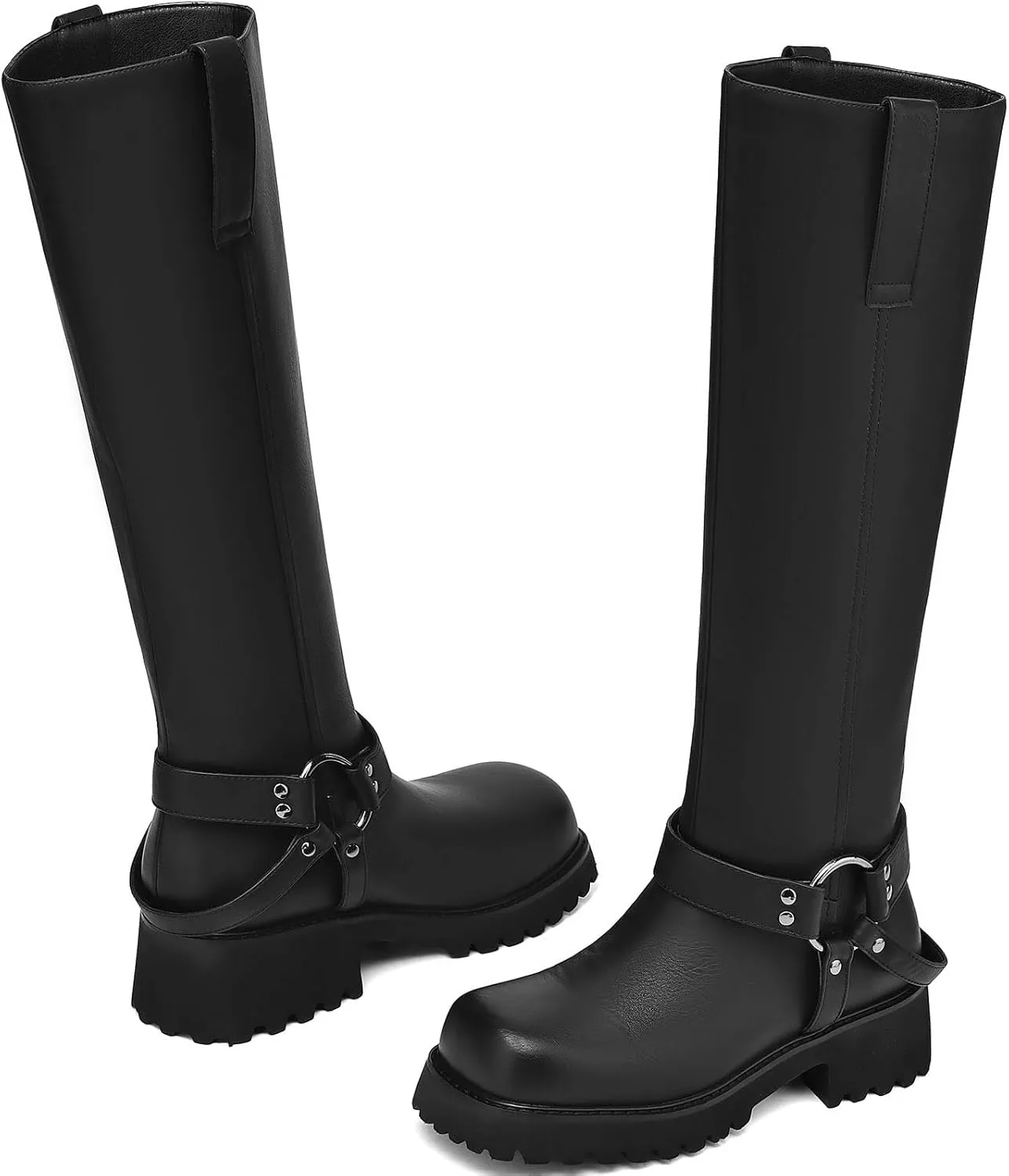 Women's Knee High Boots Square Toe Low Chunky Motorcycle Boots Fashion Buckles Biker Riding Boots ?