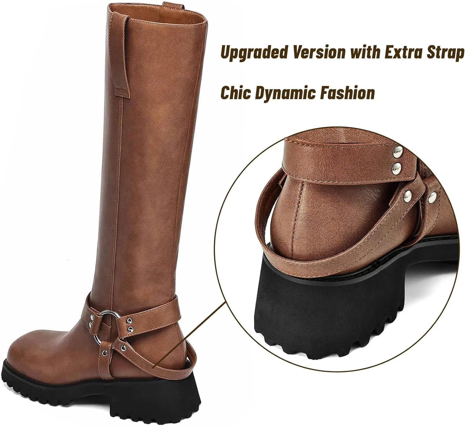 Women's Knee High Boots Square Toe Low Chunky Motorcycle Boots Fashion Buckles Biker Riding Boots ?