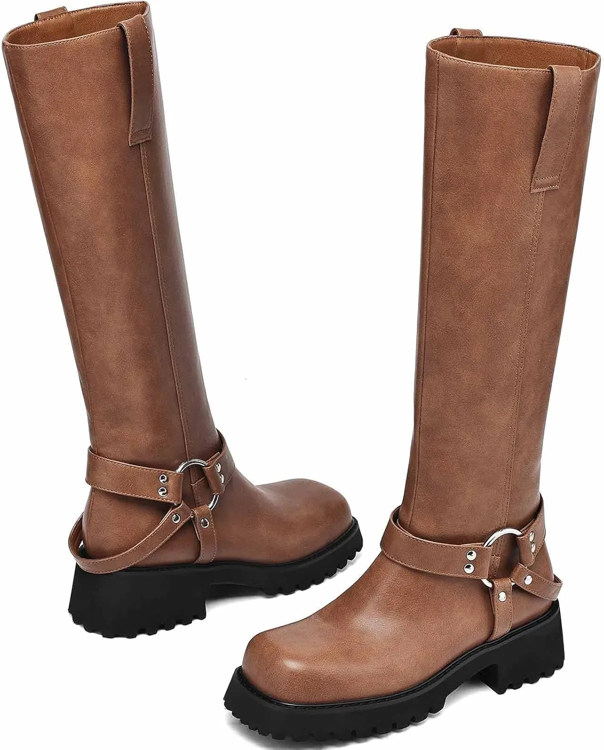 Women's Knee High Boots Square Toe Low Chunky Motorcycle Boots Fashion Buckles Biker Riding Boots ?