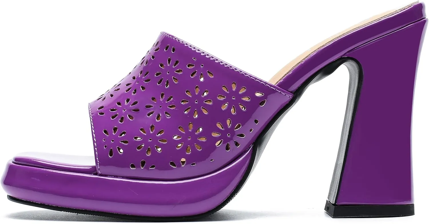 Women's Knit Platform Heels Square Toe High Chunky Heeled Mule Dress Party Sandals