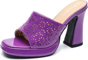 Women's Knit Platform Heels Square Toe High Chunky Heeled Mule Dress Party Sandals