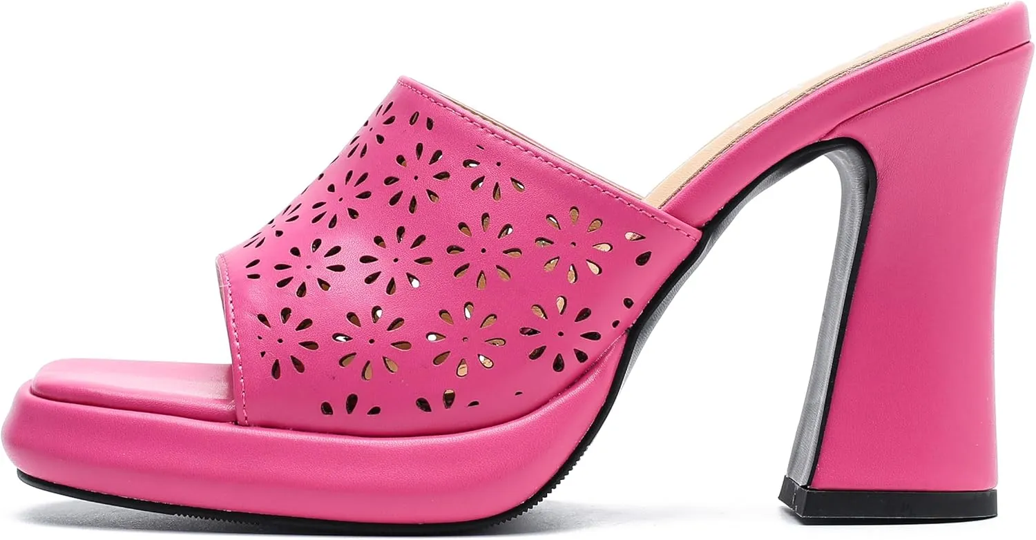 Women's Knit Platform Heels Square Toe High Chunky Heeled Mule Dress Party Sandals