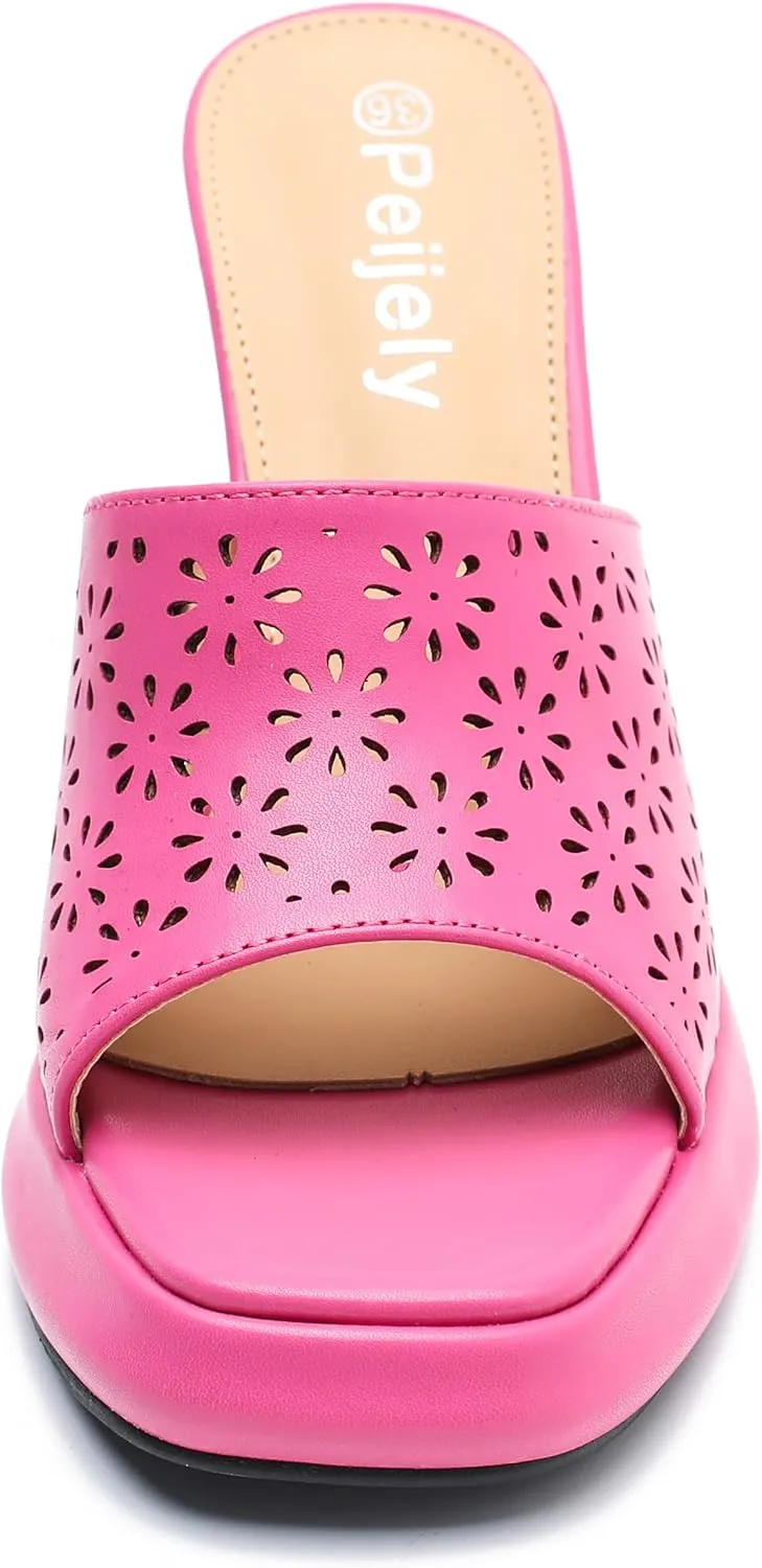 Women's Knit Platform Heels Square Toe High Chunky Heeled Mule Dress Party Sandals