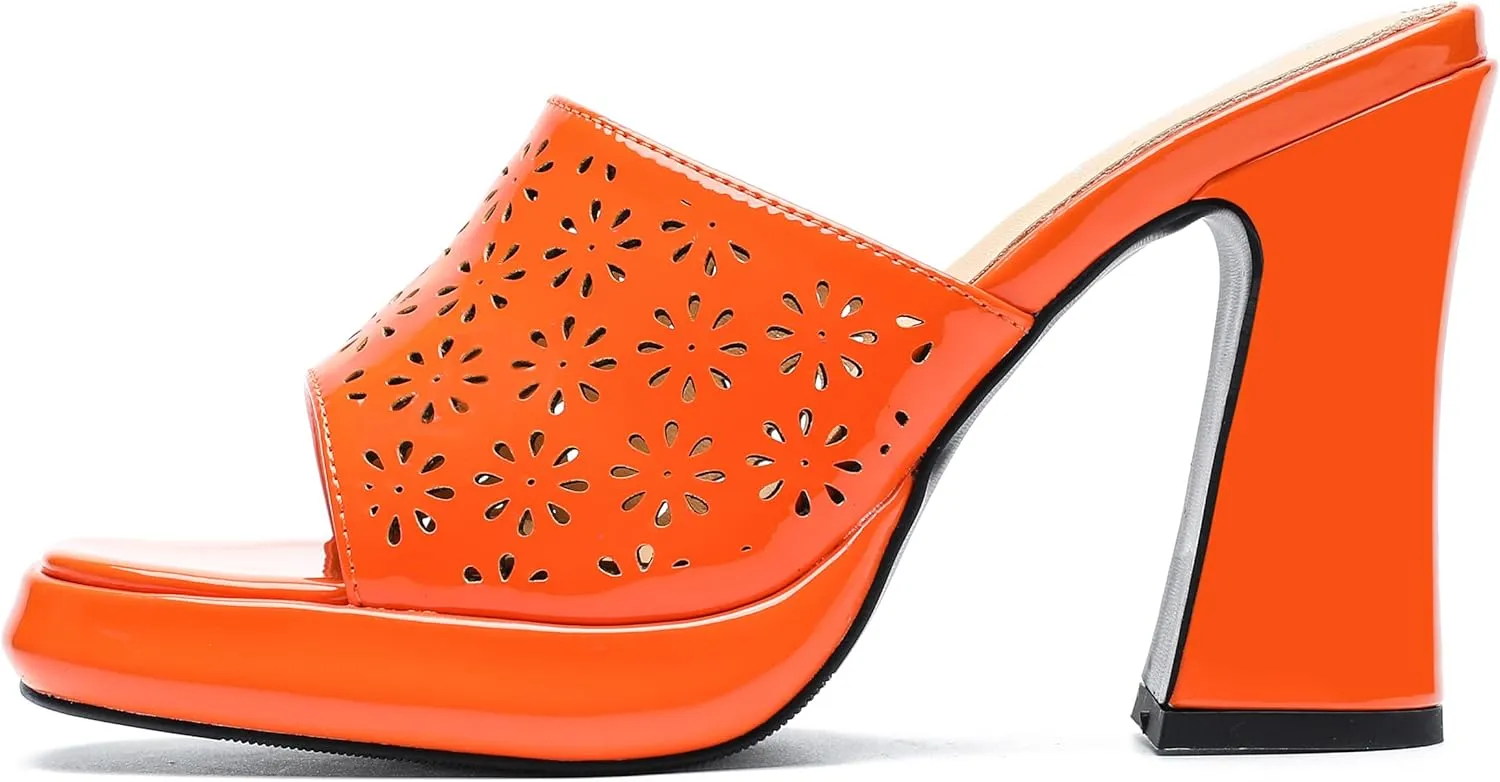 Women's Knit Platform Heels Square Toe High Chunky Heeled Mule Dress Party Sandals