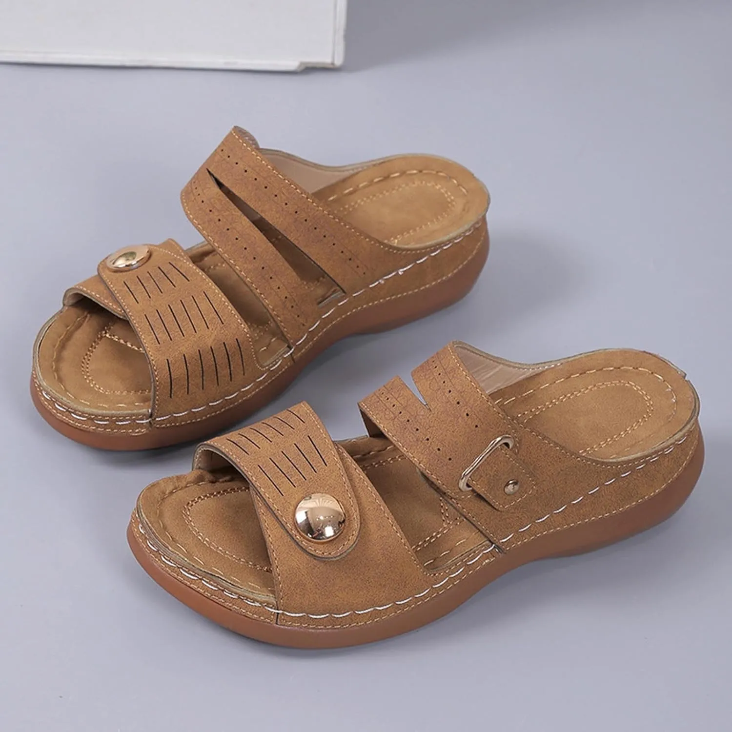 Womens Leather Flat Sandals Slide Casual Sandals with Arch Support Adjustable Hook and Loop Straps Slip-On Shoes