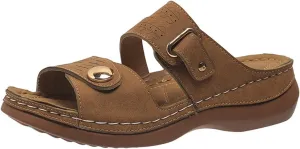 Womens Leather Flat Sandals Slide Casual Sandals with Arch Support Adjustable Hook and Loop Straps Slip-On Shoes