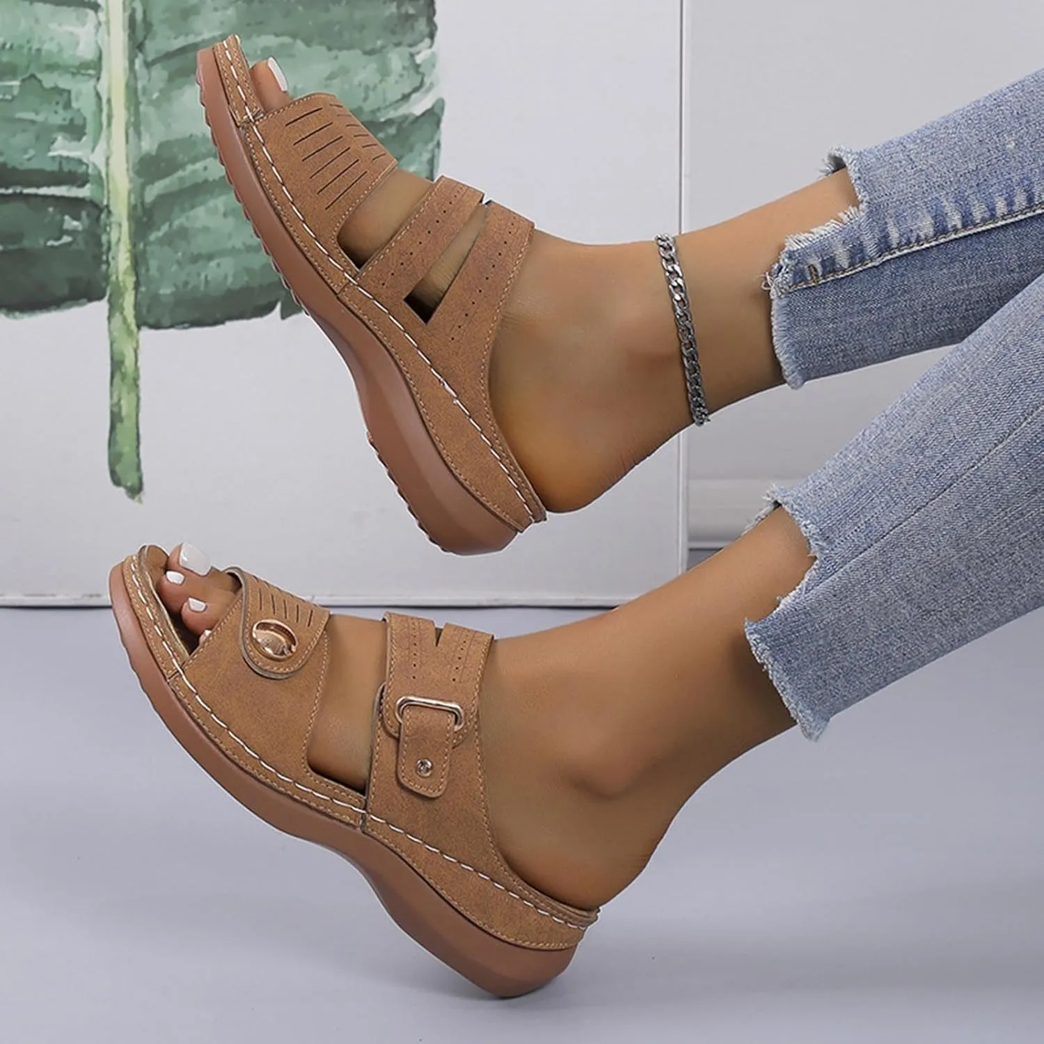 Womens Leather Flat Sandals Slide Casual Sandals with Arch Support Adjustable Hook and Loop Straps Slip-On Shoes