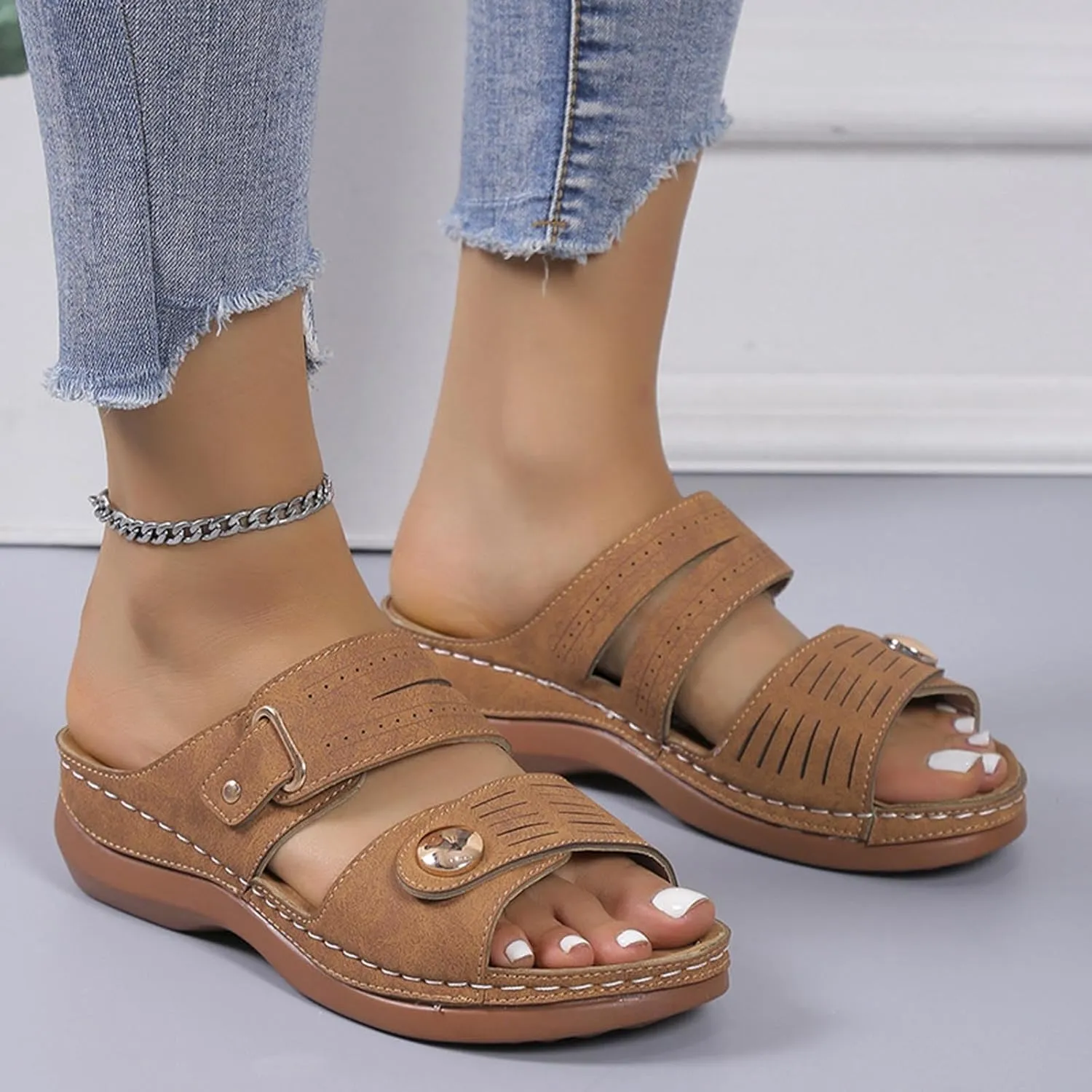 Womens Leather Flat Sandals Slide Casual Sandals with Arch Support Adjustable Hook and Loop Straps Slip-On Shoes