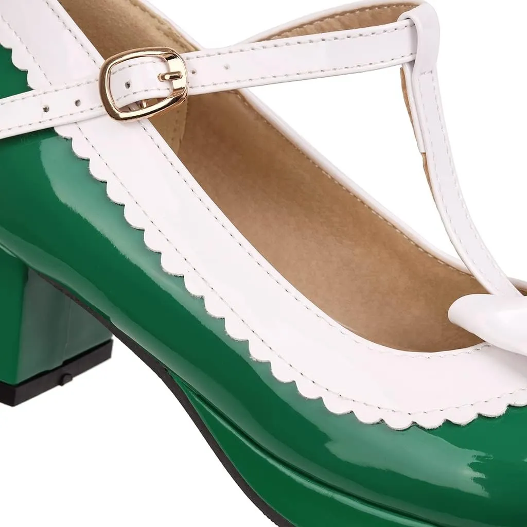 Women's Lolita T-Strap Bow Ankle Strap Mary Jane Pumps Round Toe Platform Chunky Mid Heel Dress Shoes