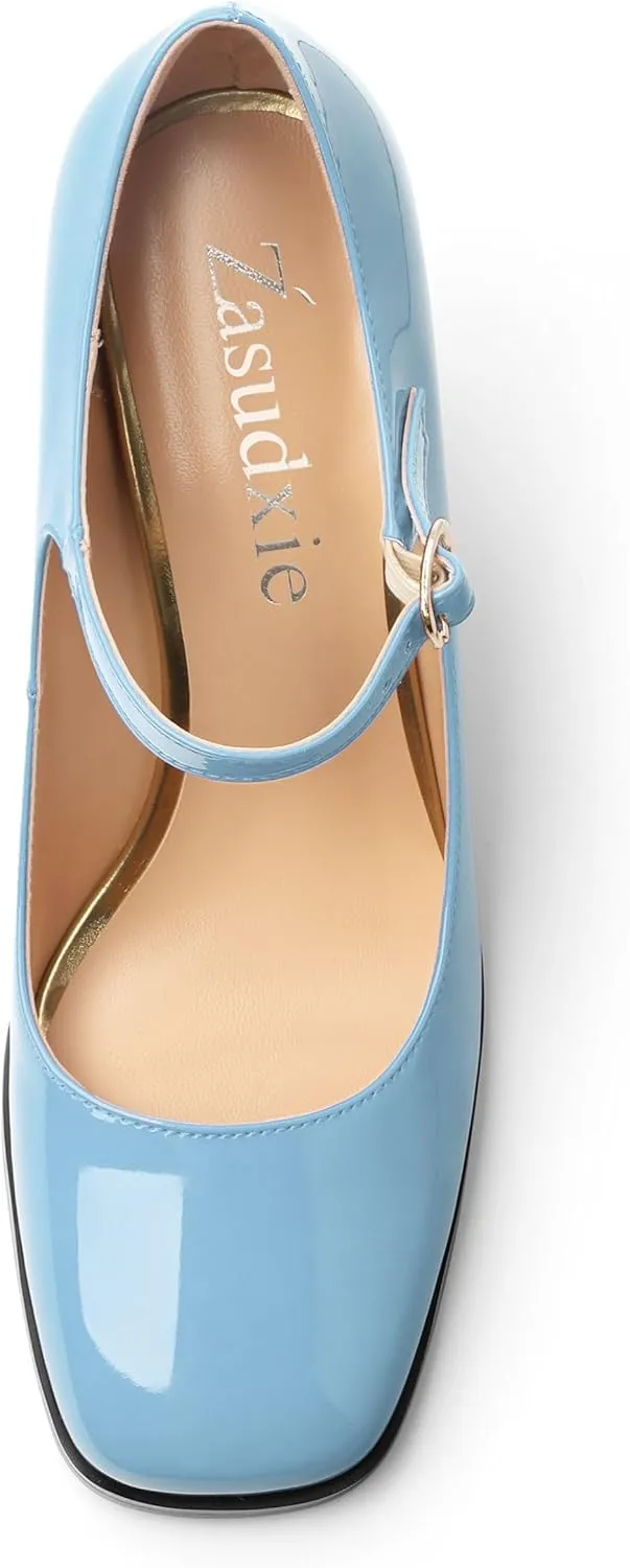 Women's Mary Jane Heels, Chunky Heels Mary Jane Square Toe Pumps One Strap Patent Leather Block High Heels Dress Shoes 3.15 Inch