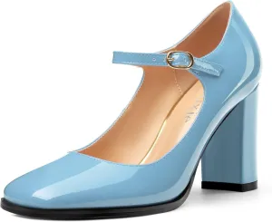 Women's Mary Jane Heels, Chunky Heels Mary Jane Square Toe Pumps One Strap Patent Leather Block High Heels Dress Shoes 3.15 Inch