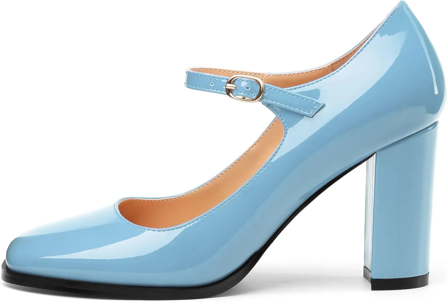 Women's Mary Jane Heels, Chunky Heels Mary Jane Square Toe Pumps One Strap Patent Leather Block High Heels Dress Shoes 3.15 Inch