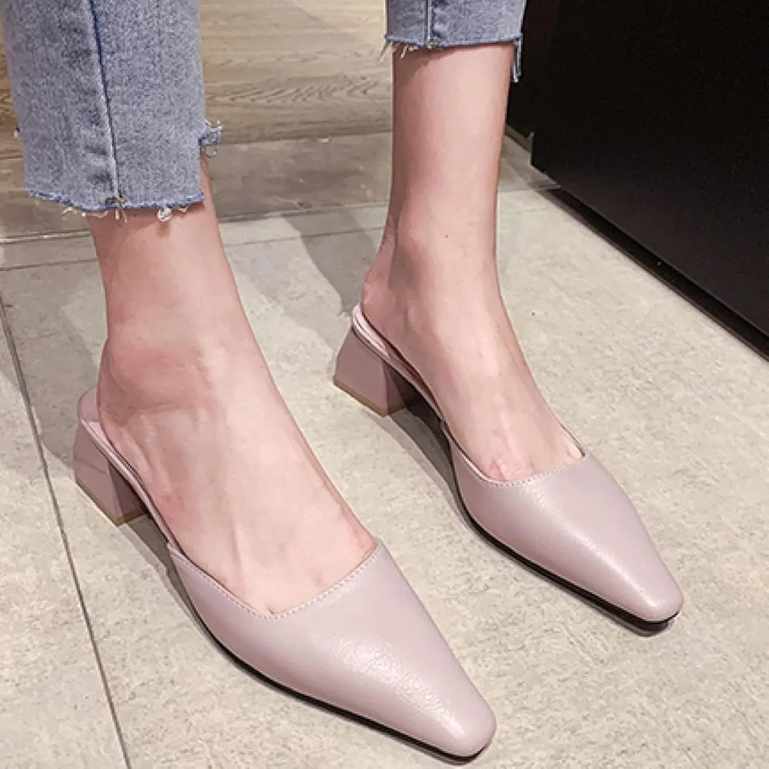 Women's Mule Sandals Elegant Square Toe Low Heel Girl Open Back Loafers Bridal Party Mule Sandals