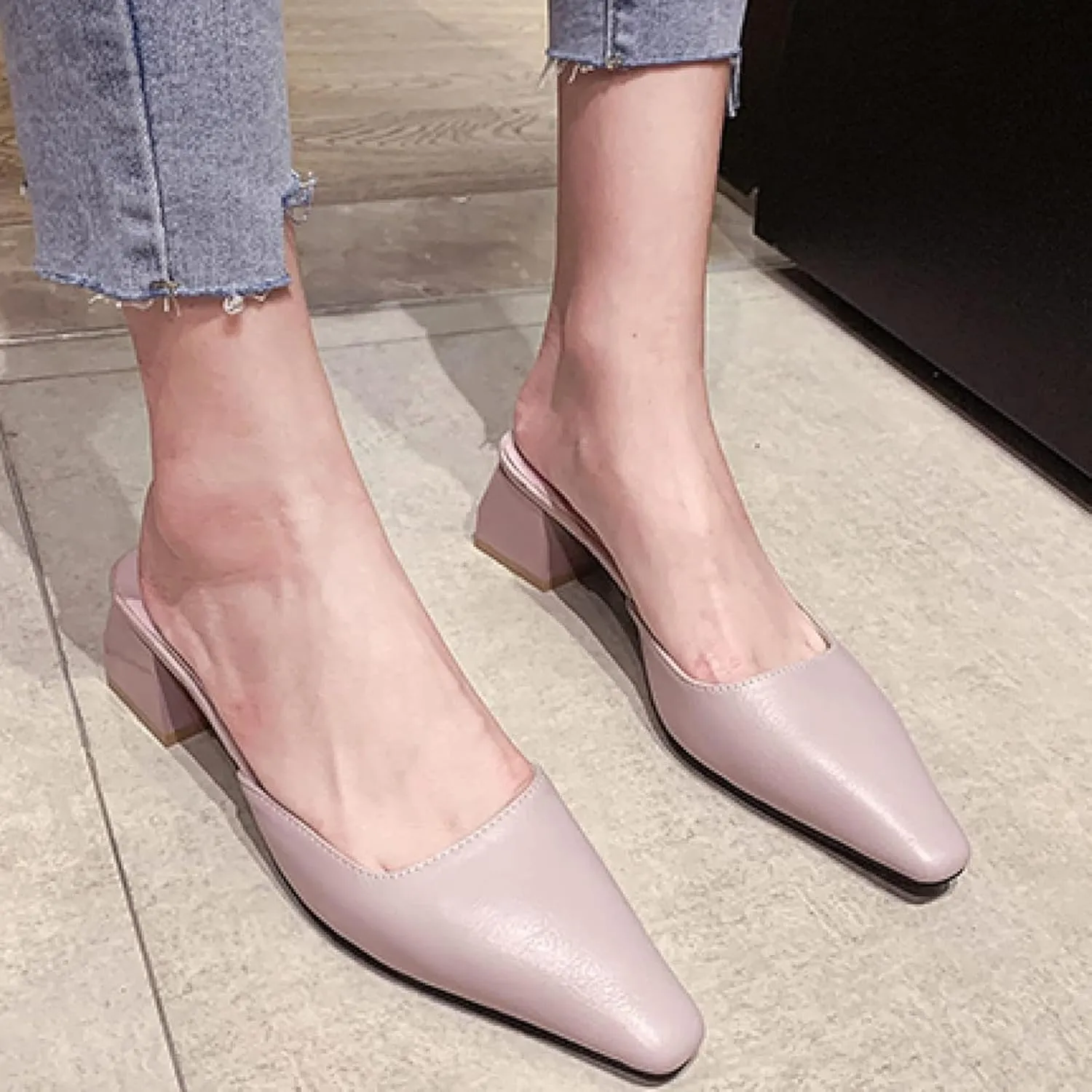 Women's Mule Sandals Elegant Square Toe Low Heel Girl Open Back Loafers Bridal Party Mule Sandals