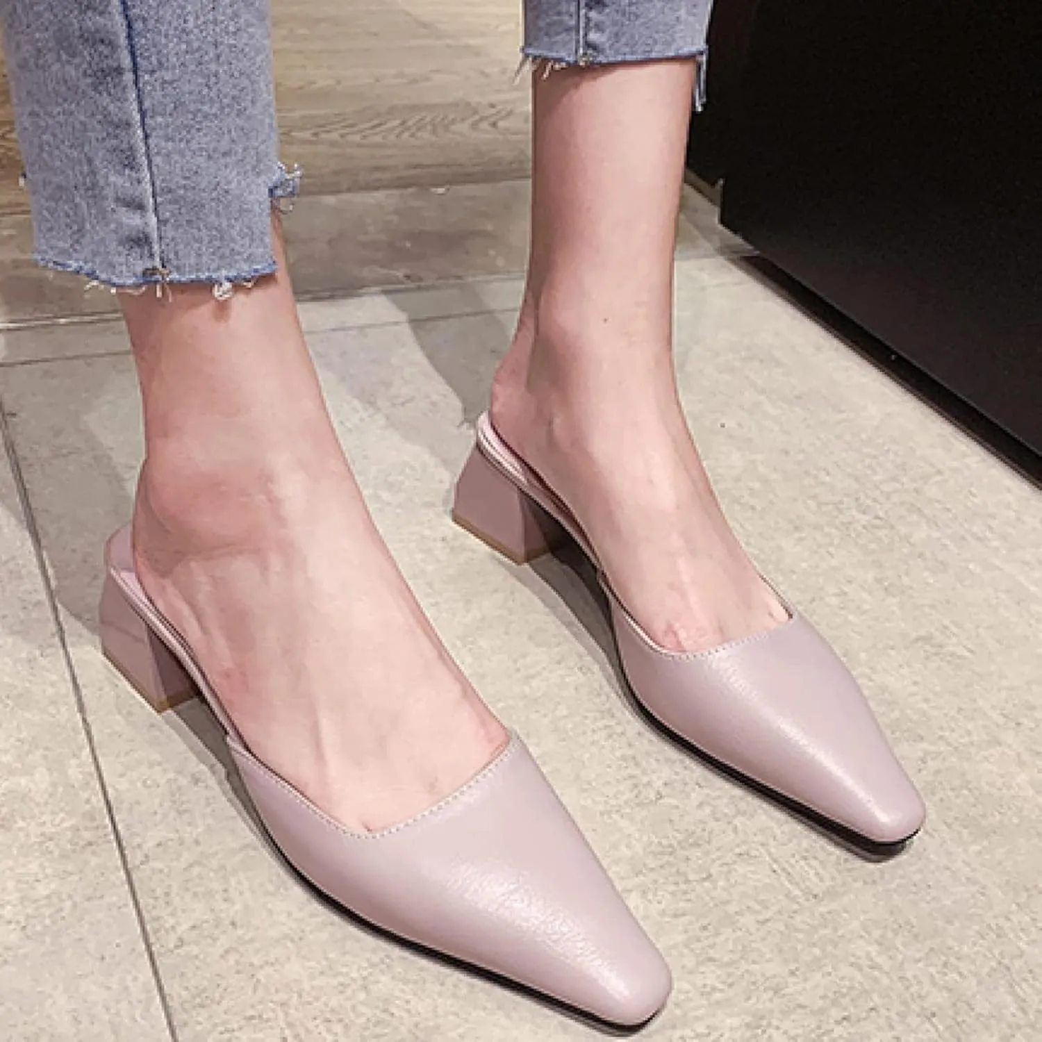 Women's Mule Sandals Elegant Square Toe Low Heel Girl Open Back Loafers Bridal Party Mule Sandals